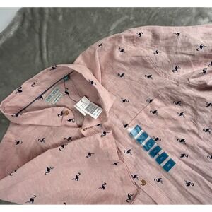 Tenth + Ocean Linen Pink Flamingo Short Sleeve Button Up Shirt Men 2XL Beach
